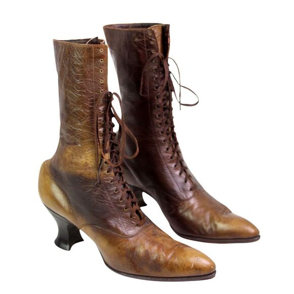 ANTIQUE Lounsbury MATHEWSON VICTORIAN BROWN LEATHER LACE UP HIGH ANKLE BOOTS 7 - Picture 1 of 11
